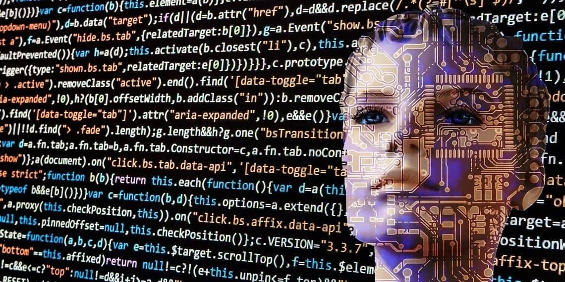 Visage numérique sur fond de lignes de code